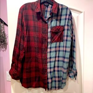 TOPSHOP Half and Half Cotton Plaid Shirt